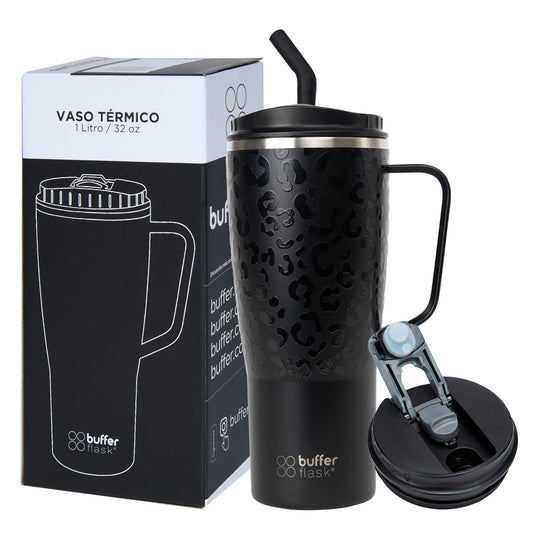 Buffer Flask - Vaso Térmico 1000 ml - Termo para Café y Agua de Acero Inoxidable - Tapa Anti Derrame y Fugas - Taza Tumbler Mug para Bebidas Frías y Calientes - Incluye Popote - Color Leopardo Negro