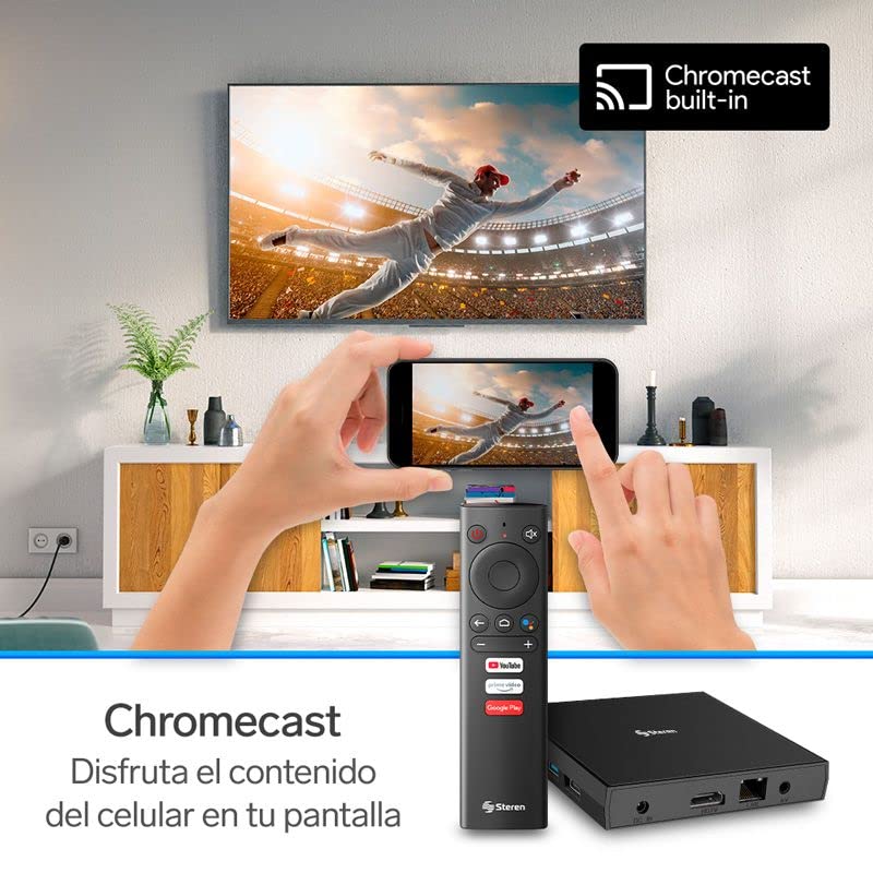 Sistema Android TV Box Steren INTV-1000 Negro Chromecast Certificado Google 4K Control Remoto.