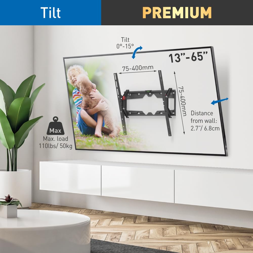 Soporte de Pared para TV Barkan Negro con Inclinación de 19 a 65 Pulgadas y Bloqueo Automático Patentado