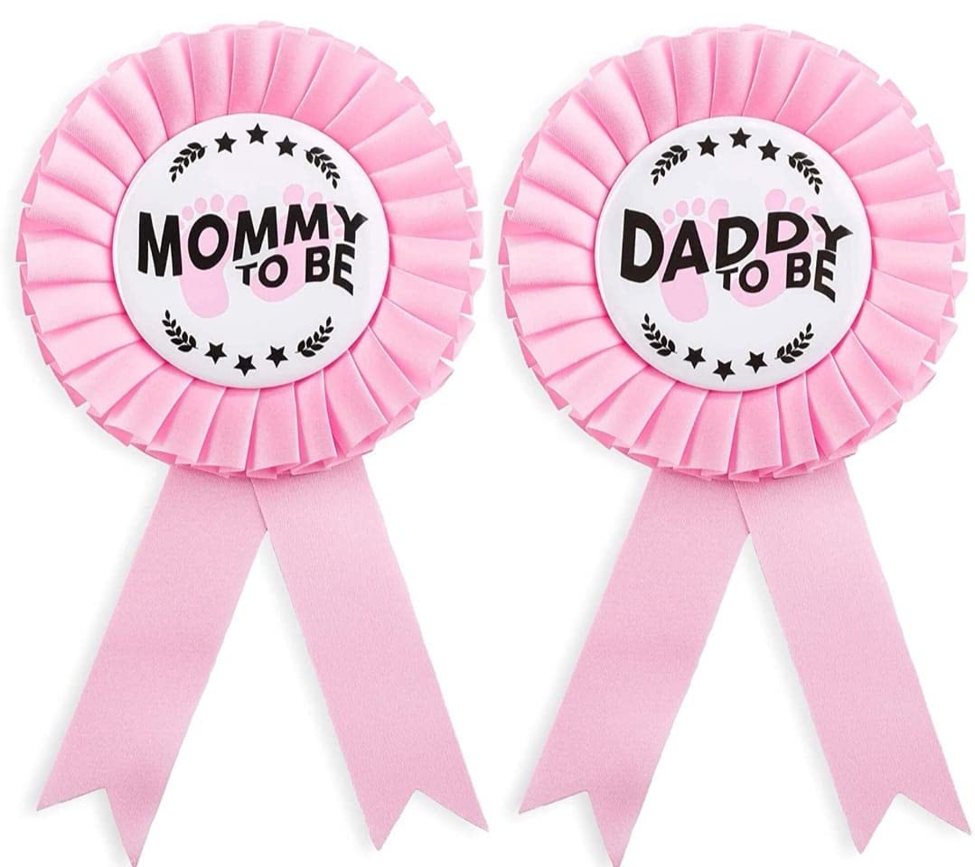 HAPPYLAND Faja para baby showers niña hojalata rosa insignia mamá a ser y papá a ser baby shower insignia pin baby shower fiesta revelación género baby shower decoración temática de oso baby shower