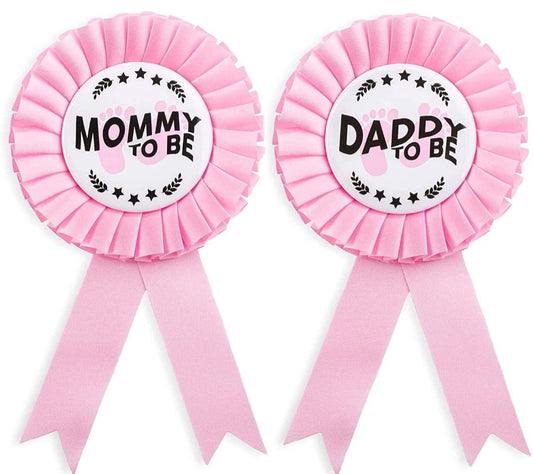 HAPPYLAND Faja para baby showers niña hojalata rosa insignia mamá a ser y papá a ser baby shower insignia pin baby shower fiesta revelación género baby shower decoración temática de oso baby shower