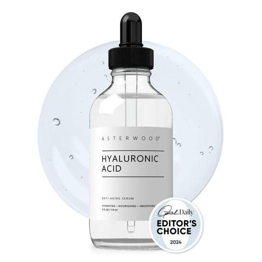 Hyaluronic Acid Serum 4 oz - 100% Pure Organic HA - Anti Aging Anti Wrinkle - Original Face Moisturizer for Dry Skin & Fine Lines - Leaves Skin Full & Plump ASTERWOOD NATURALS Dropper Bottle