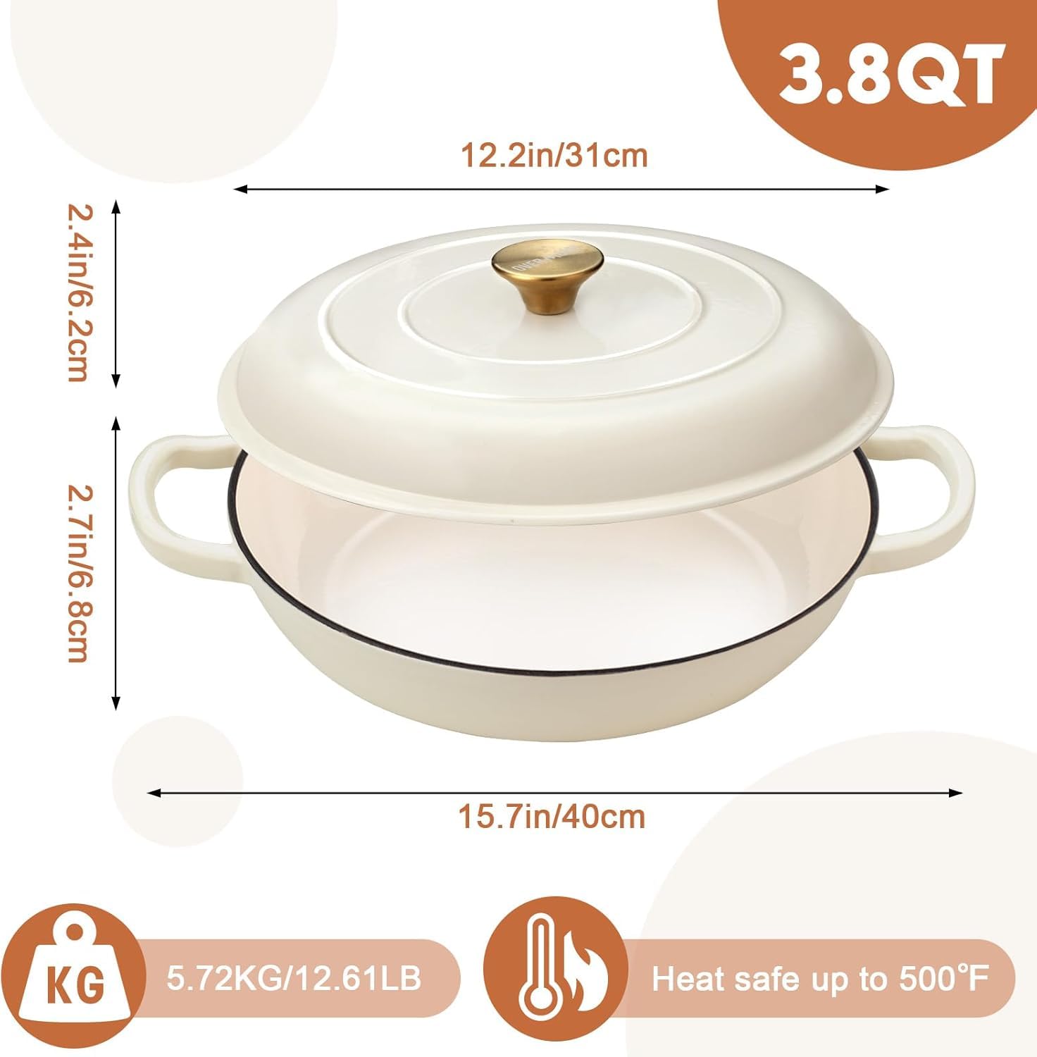 Overmont - Horno holandés de hierro fundido esmaltado - Olla de horno holandés de 3.8 cuartos con tapa, utensilios de cocina poco profundos, cacerola de hierro fundido con libro de cocina y tapas