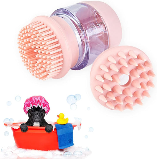 Cepillo de baño para mascotas, cepillo para perros con 2 cabezales de cepillo de silicona suave, dispensador de masaje de champú para mascotas para aseo de mascotas, cepillo de ducha para limpieza de cabello de perros y gatos(Rosa)