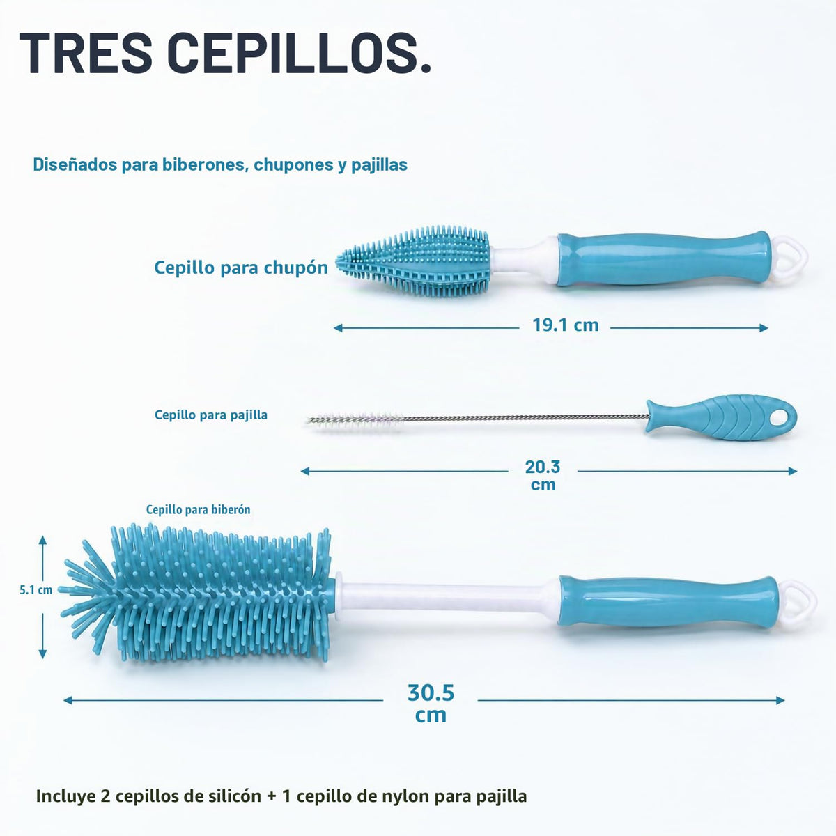 Juego de cepillos de silicona para botella de 30,5 cm de largo, mango de
