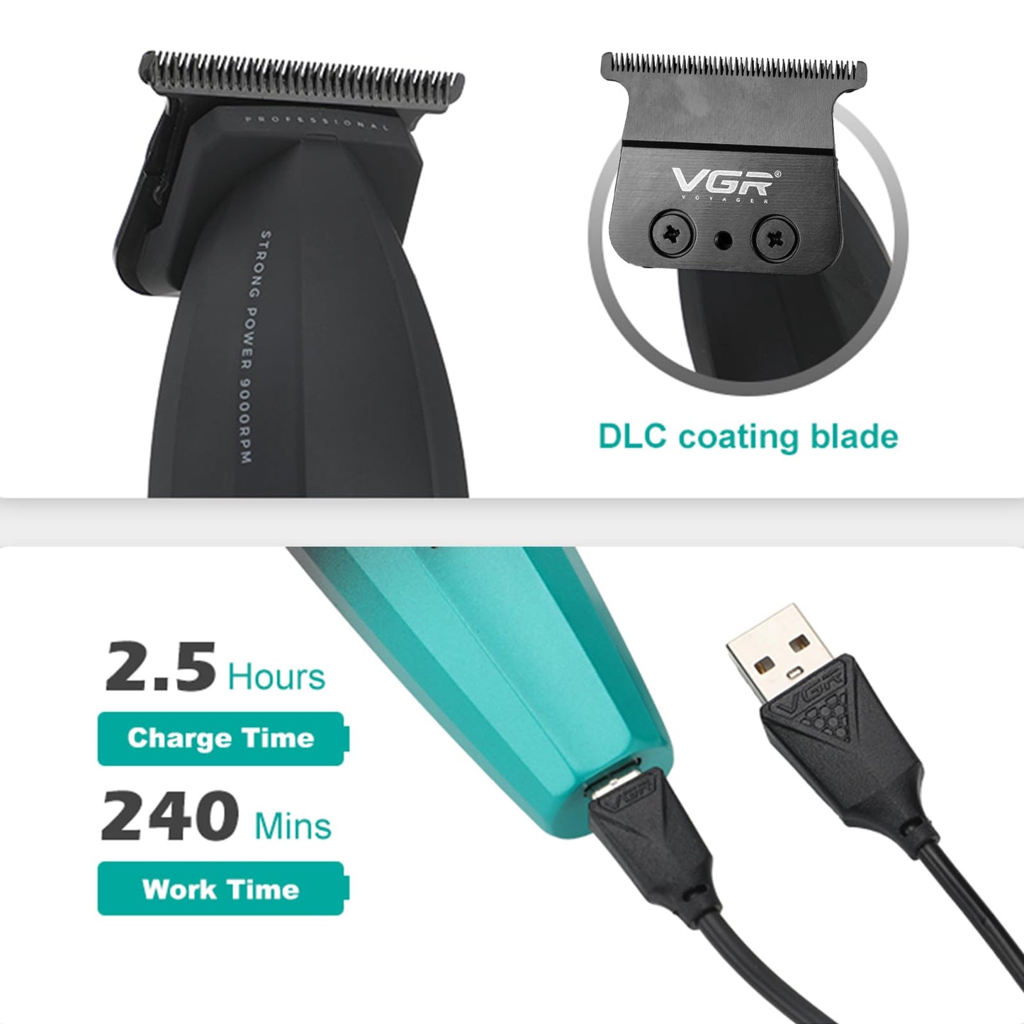 VGR 906 Cortapelos profesional Fresh Fade, recortadora de barba Zero Gapped a 9000 rpm para hombres, cortapelos inalámbrico DLC T-Blade para barberos y recargable por USB, verde