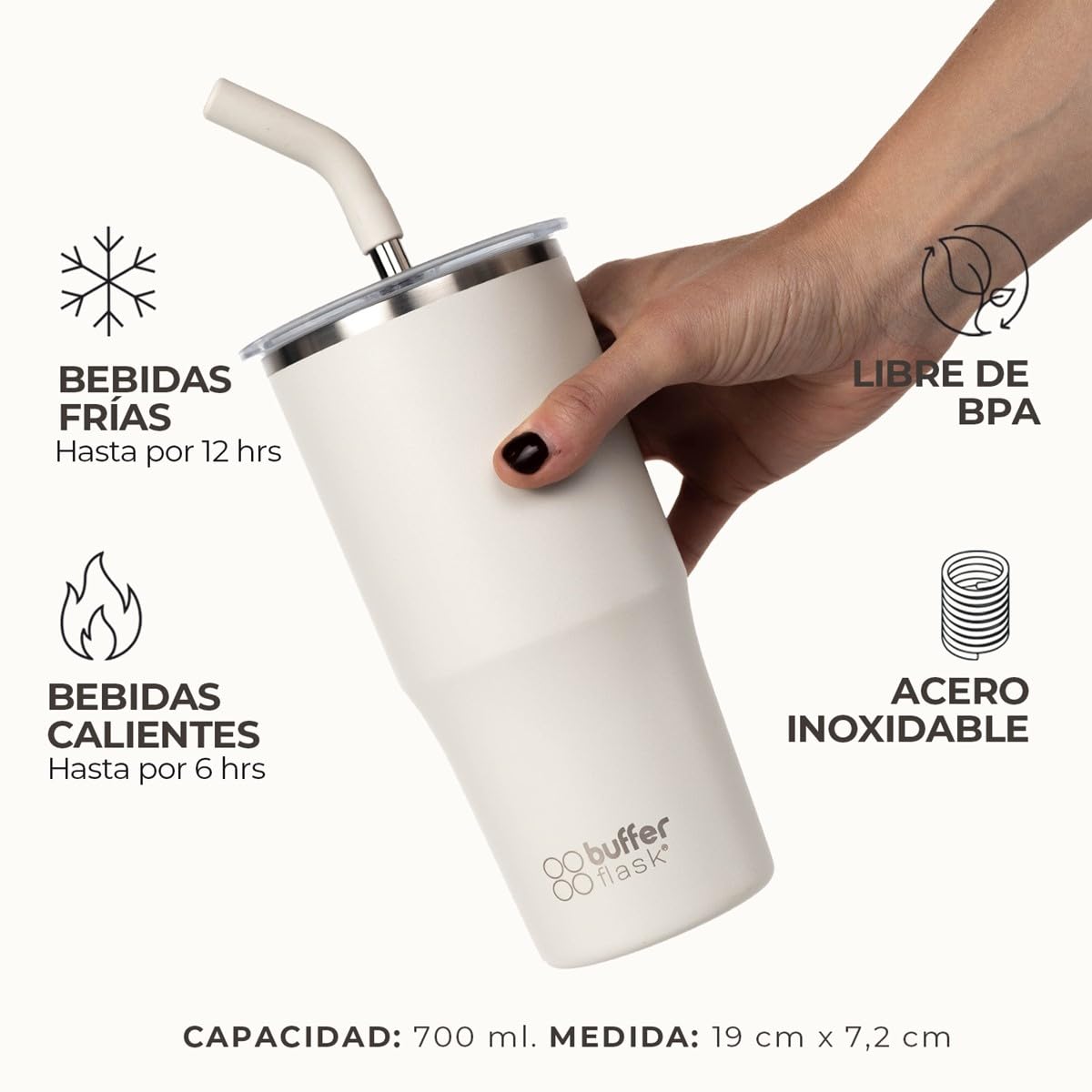 Buffer Flask - Vaso Térmico 700 ml - Termo para Café y Agua de Acero Inoxidable - Tapa Anti Derrame y Fugas - Taza Tumbler Mug para Bebidas Frías y Calientes - Incluye Popote - Color Ivory