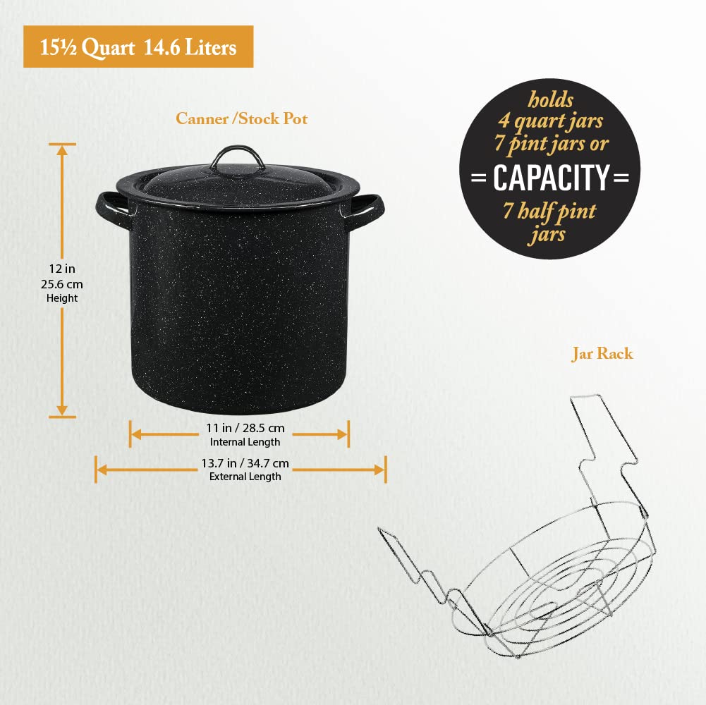 Granite Ware - Bote de baño de agua esmaltado sobre acero de 15.5 cuartos con tapa y estante para tarros, olla multiusos, resistente y fácil de limpiar