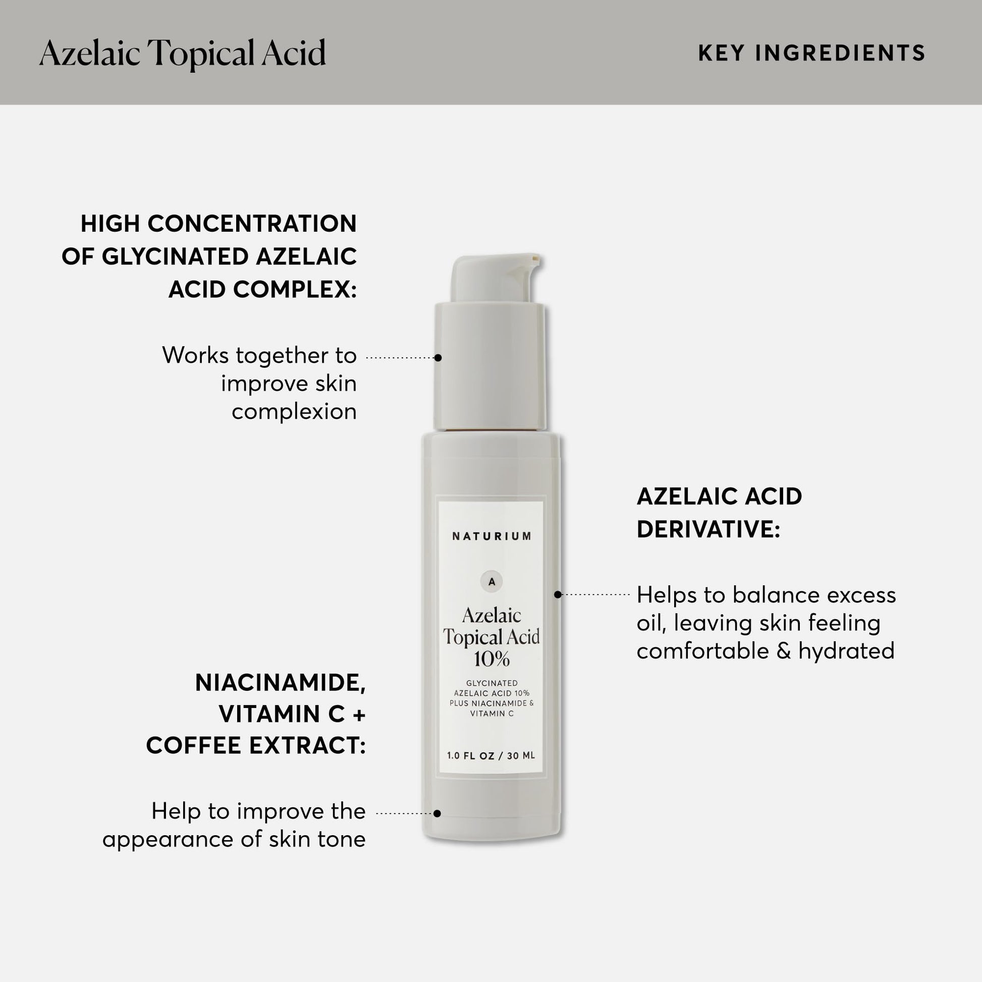 Naturium Ácido tópico azelaico 10%, con niacinamida y vitamina C, tratamiento facial, removedor de manchas oscuras, 1 onza (30 ml), sin fragancia, sin alcohol, para todos los tipos de piel, 1 onza