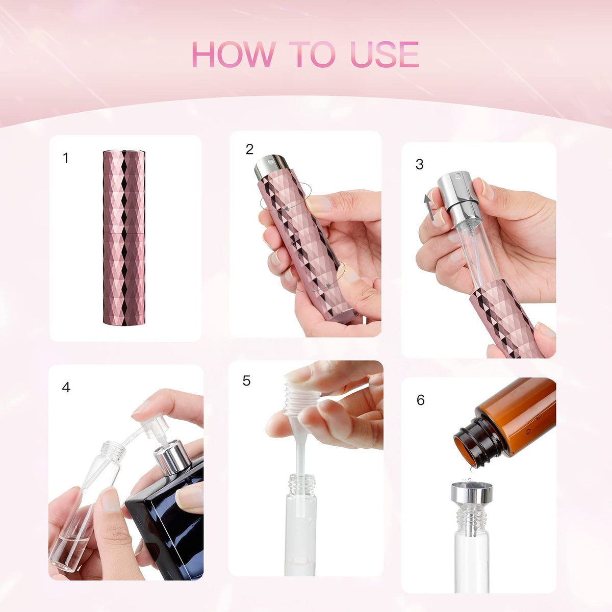 Lisapack - Dispensador de perfume de 8 ml (3 piezas), pequeño dispensador de perfume recargable, aspiradora para viajes, pulverizador de colonia portátil (patrón esculpido, plata, rosa, negro)