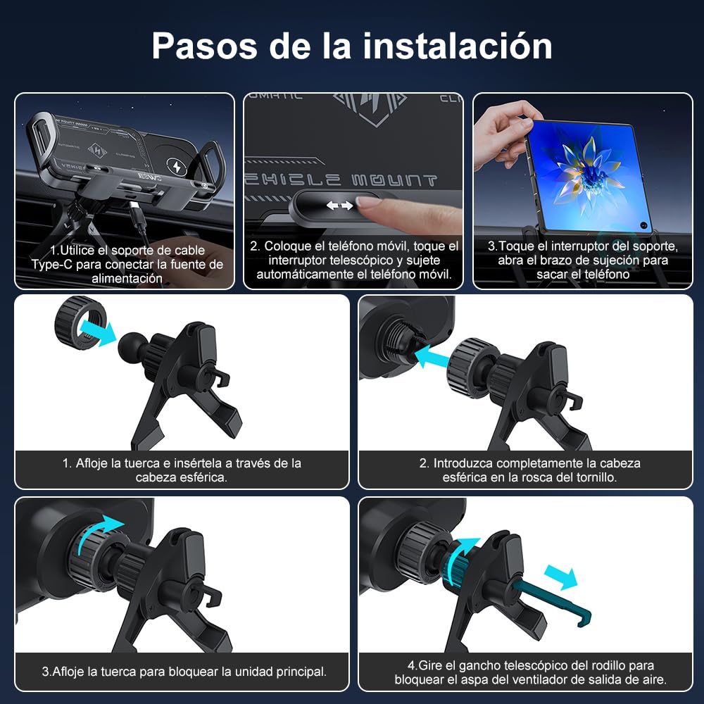 JESWO mag Safe Cargador Inalámbrico para Auto 15W, Soporte Celular Automóvil con Botón de Liberación y Botón de Giratorio 90°, Uso con Una Sola Mano para iPhone 16/15/14/13 Pro MAX, Galaxy S23 Ultra