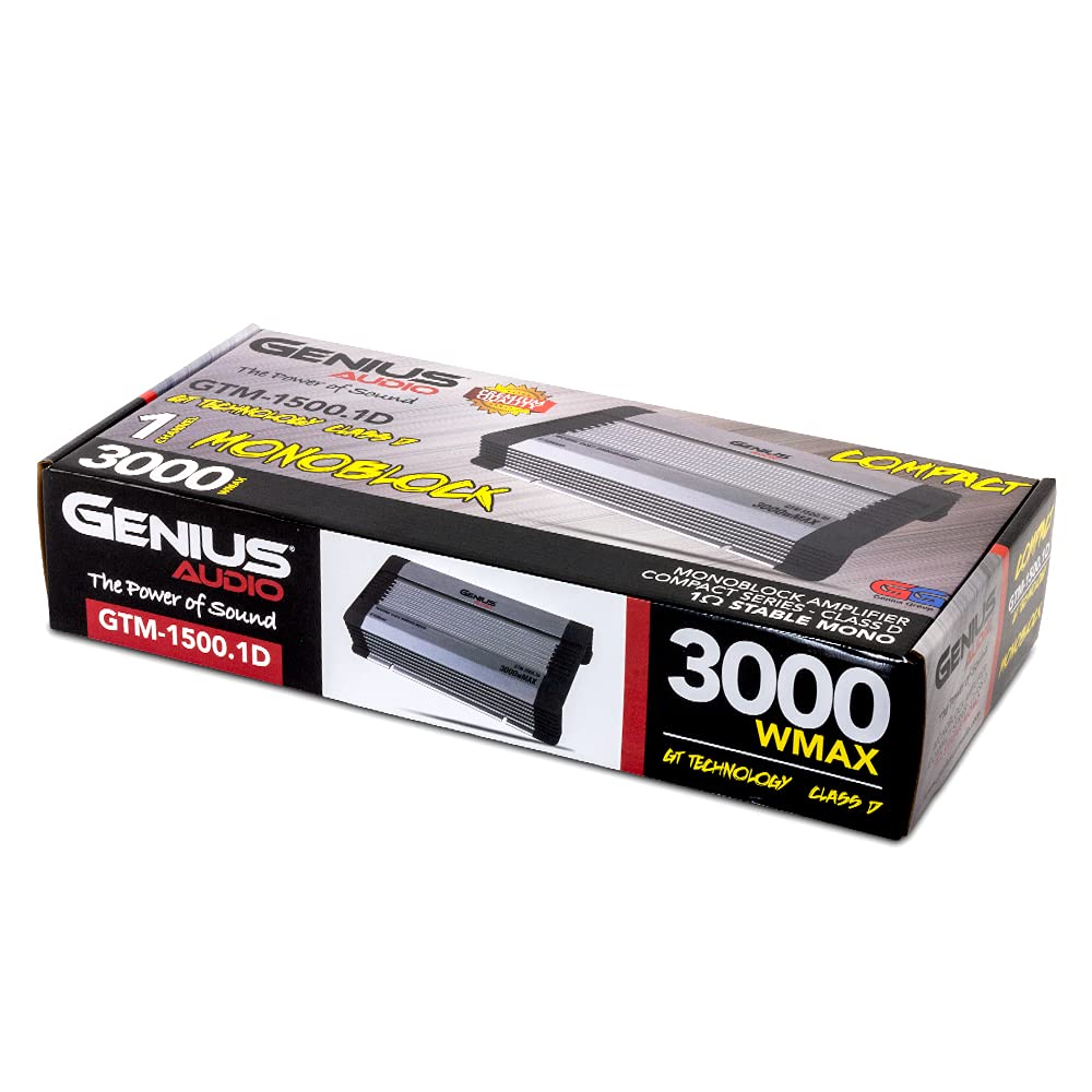GENIUS - Amplificador compacto Full Range clase D GTM-1500.1D / 3000 watts/estable a 1 ohm con sistema de protección de energía y refuerzo de graves para Bocina y woofer