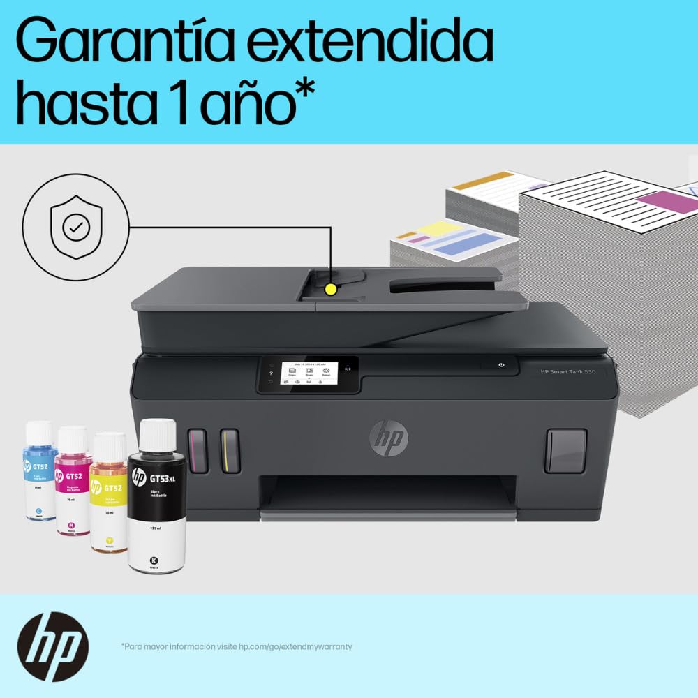 HP Impresora Multifuncional Smart Tank 530, Tinta Continua, Color, Wi-Fi, Dúplex (Doble Cara) Manual, ADF Alimentador Automático, Imprime desde HP Smart App, Impresión, Escaneo, Copiado (4SB24A)