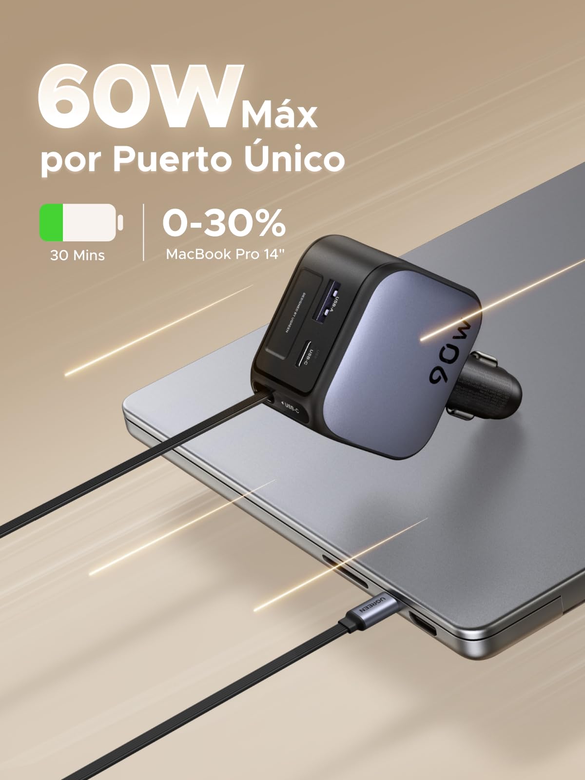 Cargador para Auto UGREEN Negro 3 en 1 Carga Rápida con Cable Retráctil USB C 60W