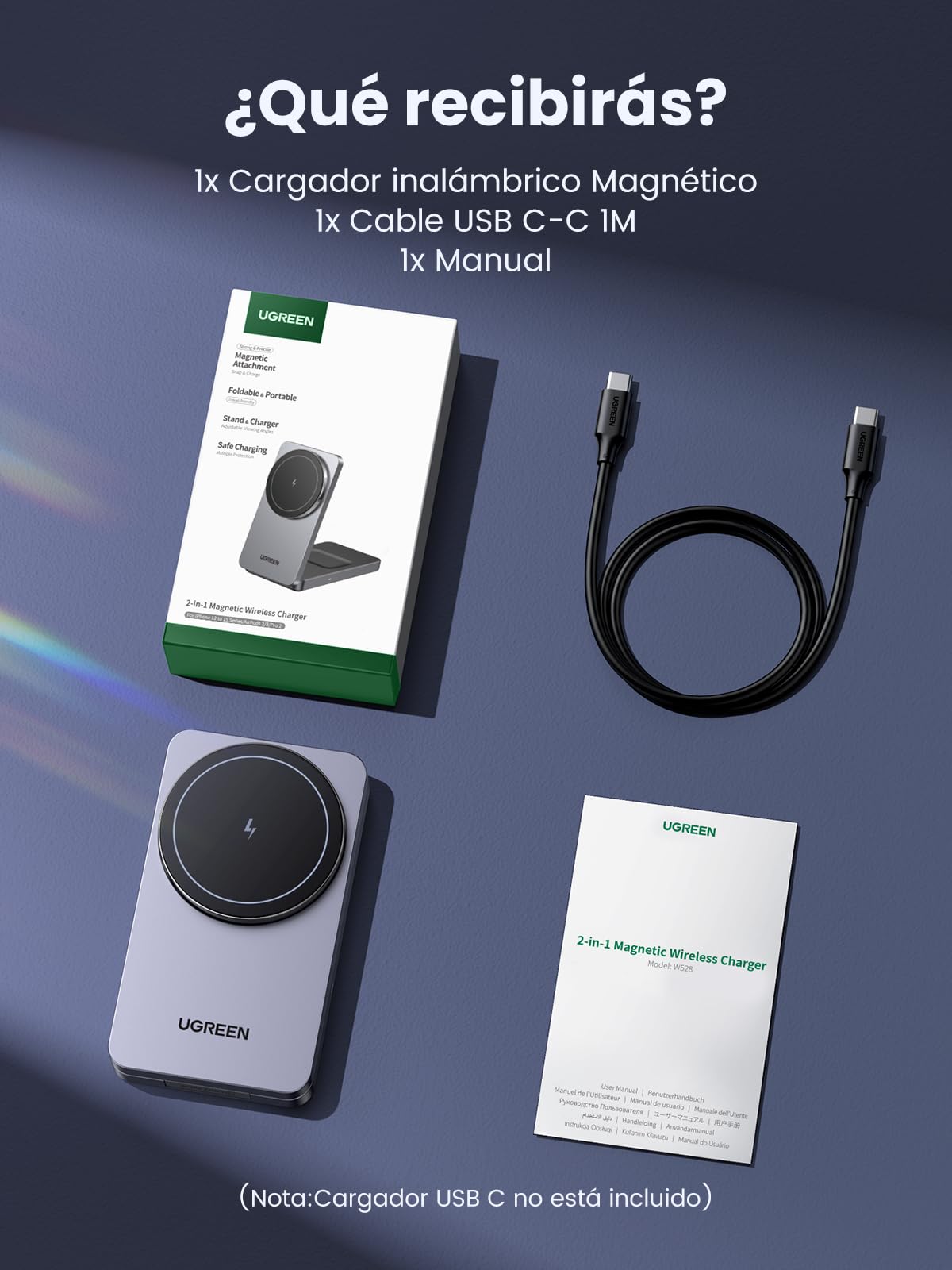 Cargador Inalámbrico UGREEN Negro MagFlow 15W 2 en 1 Plegable Compatible con MagSafe para iPhone y AirPods