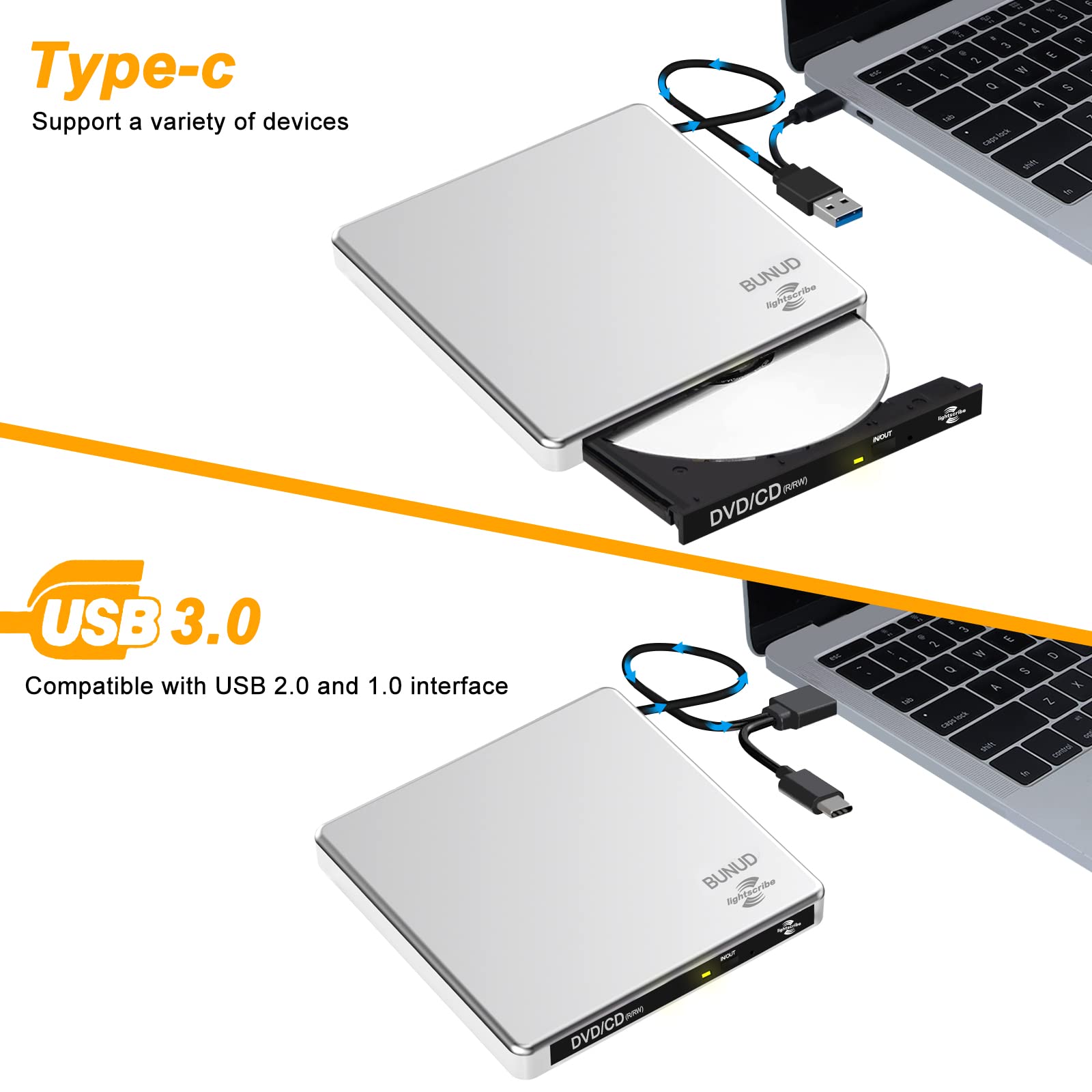 BUNUD LightScribe Unidad Externa de CD y DVD +/-RW, Grabador de CD/DVD +/-RW, Lector de Disco óptico portátil, Unidad de CD y DVD para computadora portátil, MacBook, Windows 11 10 Linux OS