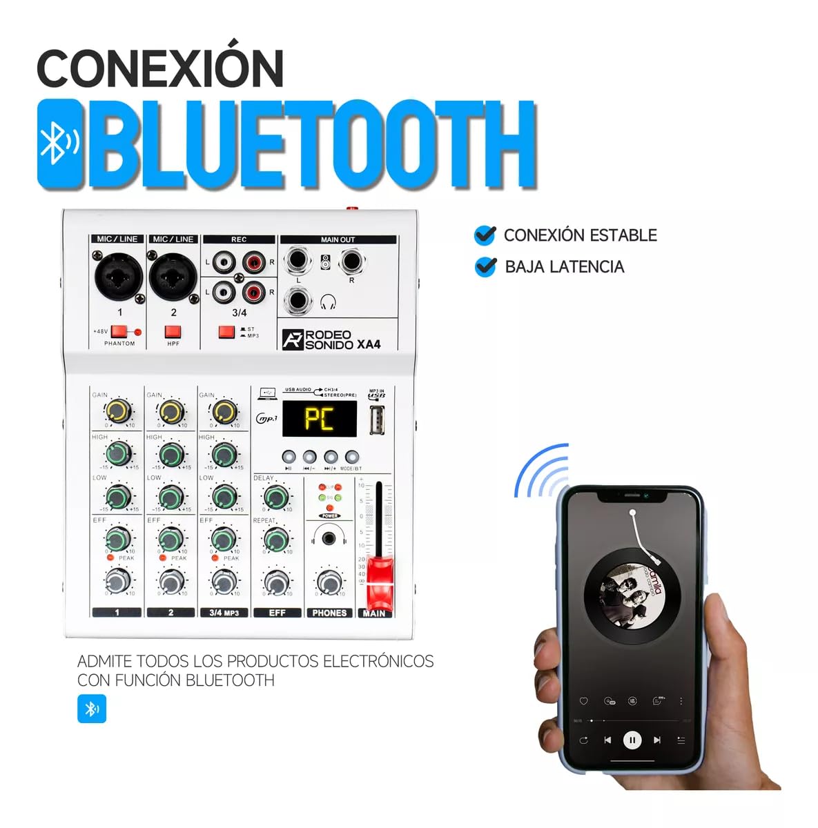 Mezcladora de Audio Profesional RodeoSonido XA4 Negra 4 Canales con Bluetooth y USB para DJ y Estudio