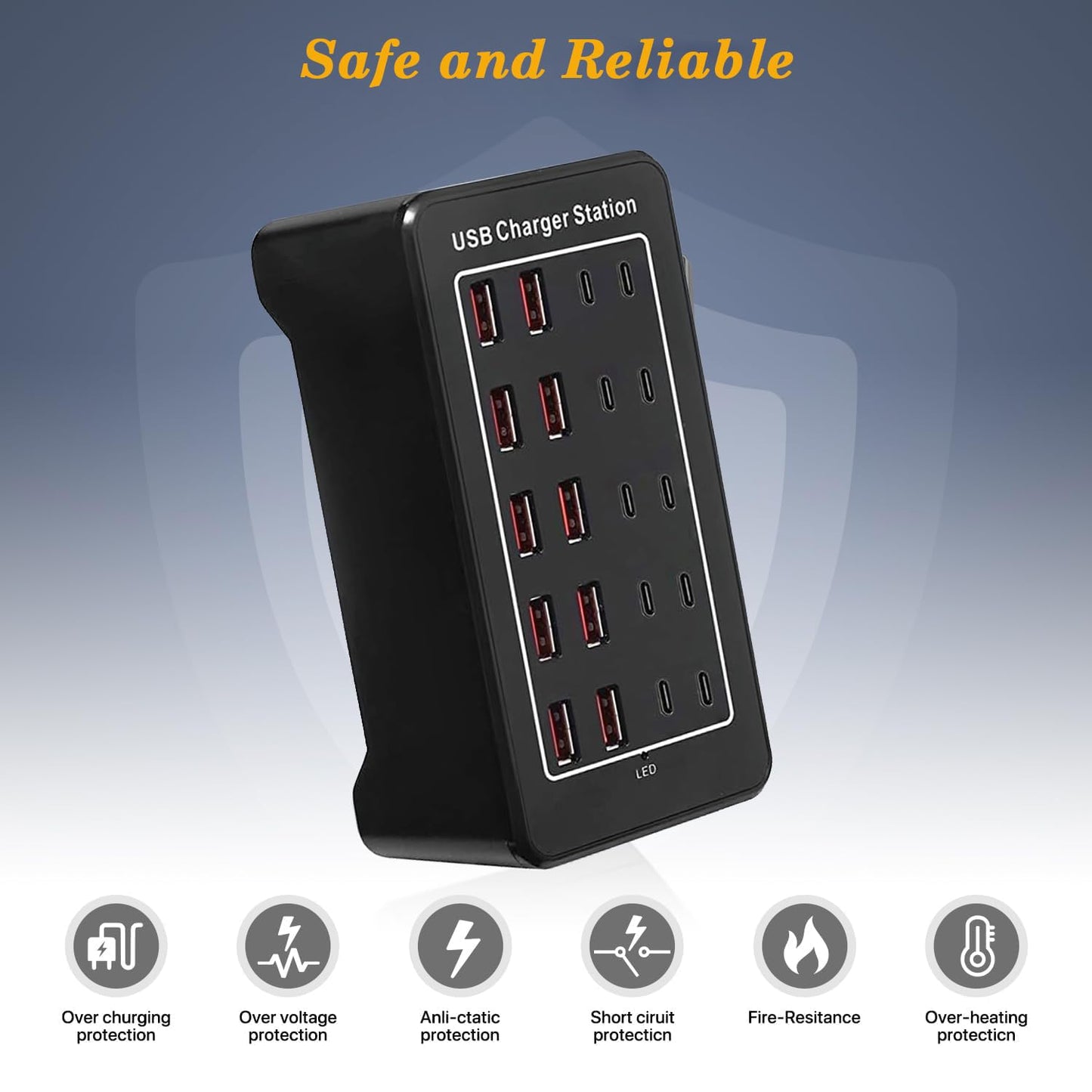 Bloque de cargador USB C de 100 W, estación de carga USB C, 20 puertos (20 A), hub de carga múltiple de computadora de 10 puertos, cargador USB compatible con Apple iPhone, iPad, Samsung, Pixel,