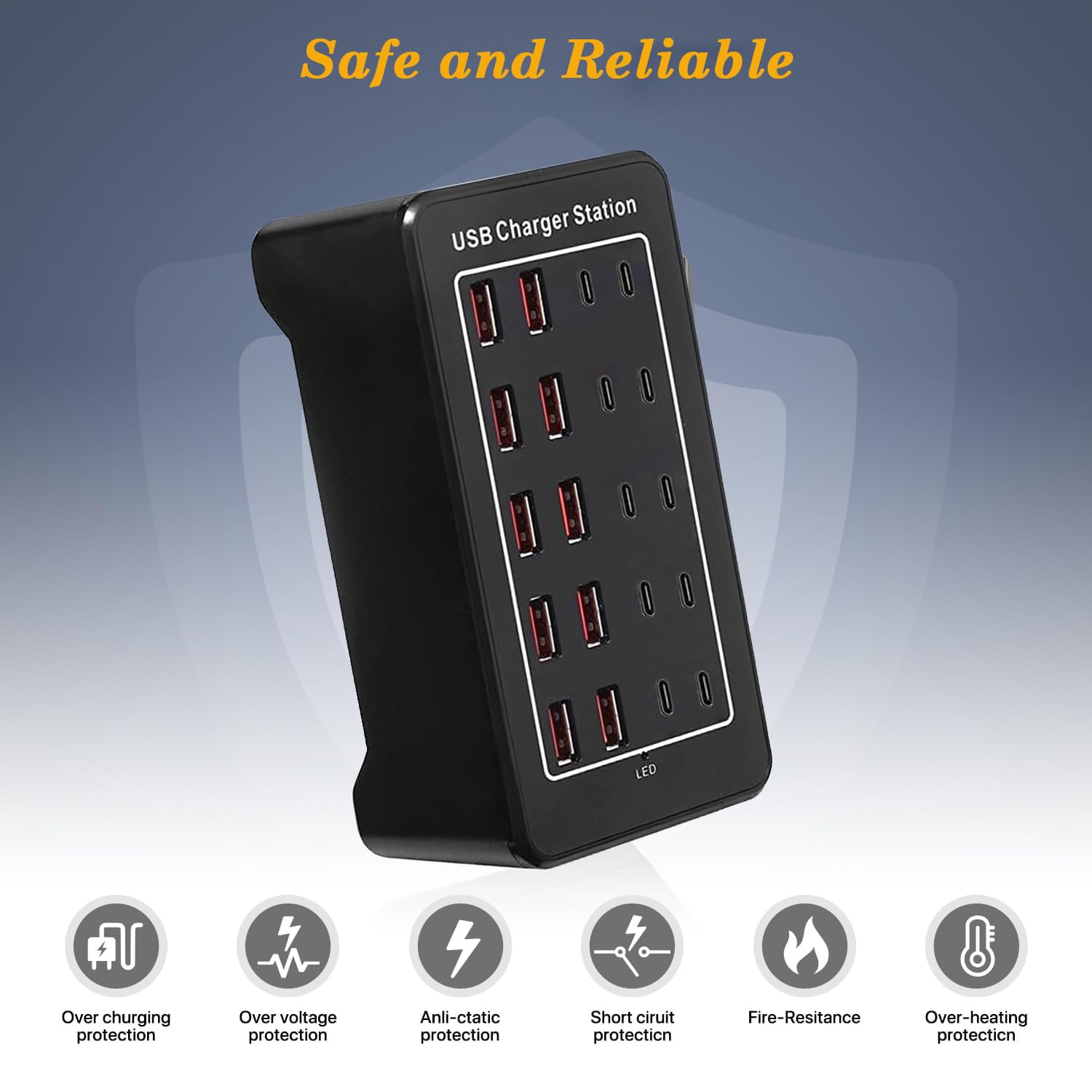 Bloque de cargador USB C de 100 W, estación de carga USB C, 20 puertos (20 A), hub de carga múltiple de computadora de 10 puertos, cargador USB compatible con Apple iPhone, iPad, Samsung, Pixel,