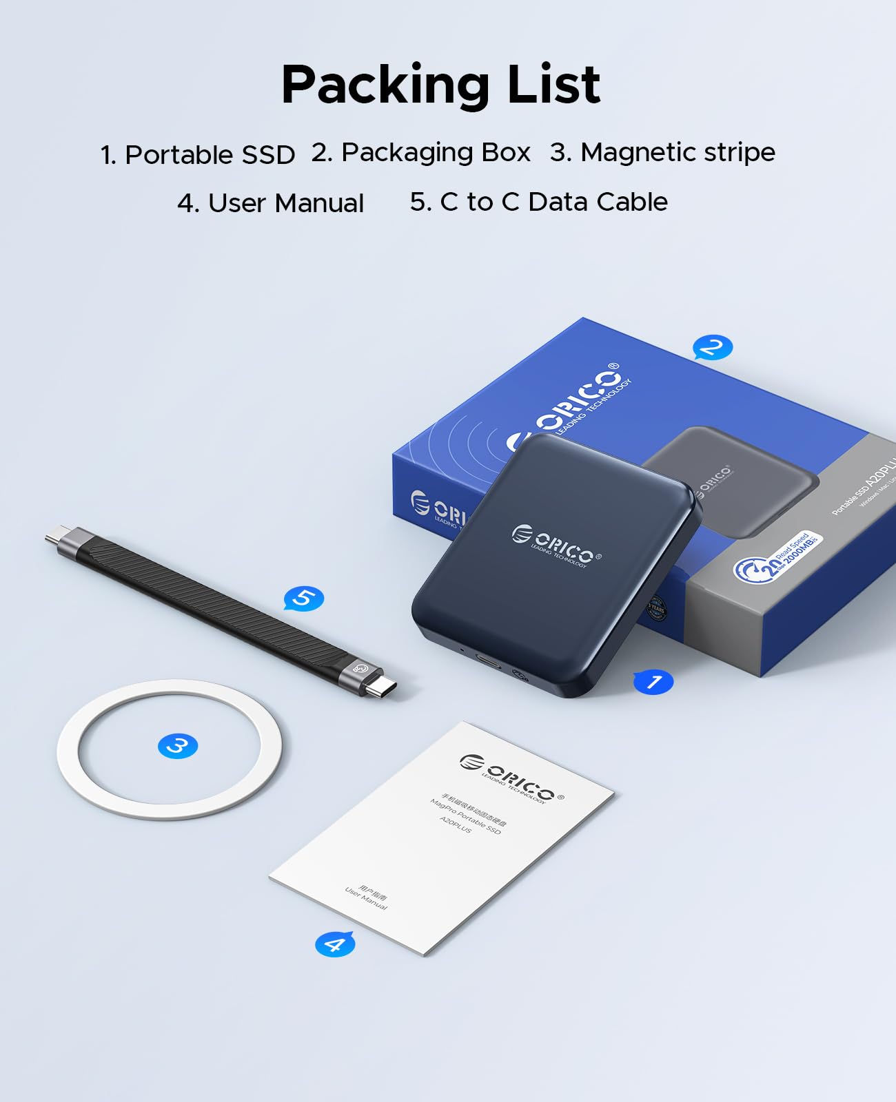 Unidad de Estado Sólido Portátil ORICO Azul, 512 GB con Velocidad hasta 2000 MB/s para Smartphone, Tablet y Ordenador