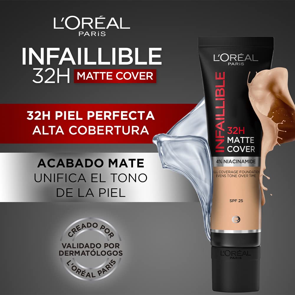 L'Oréal Paris, Infalible 24h Matte Cover base de maquillaje mate alta cobertura larga duración con skincare 4% Niacinamida, Anti-Imperfecciones, Tono 135 Vanilla, 30ml