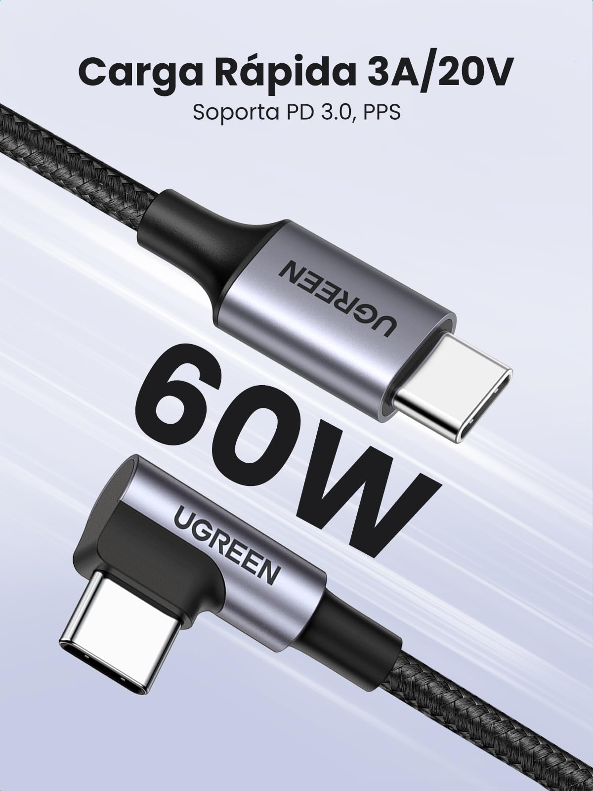 Cable USB C a C UGREEN Negro 90 Grados 2M 60W para iPhone y Galaxy
