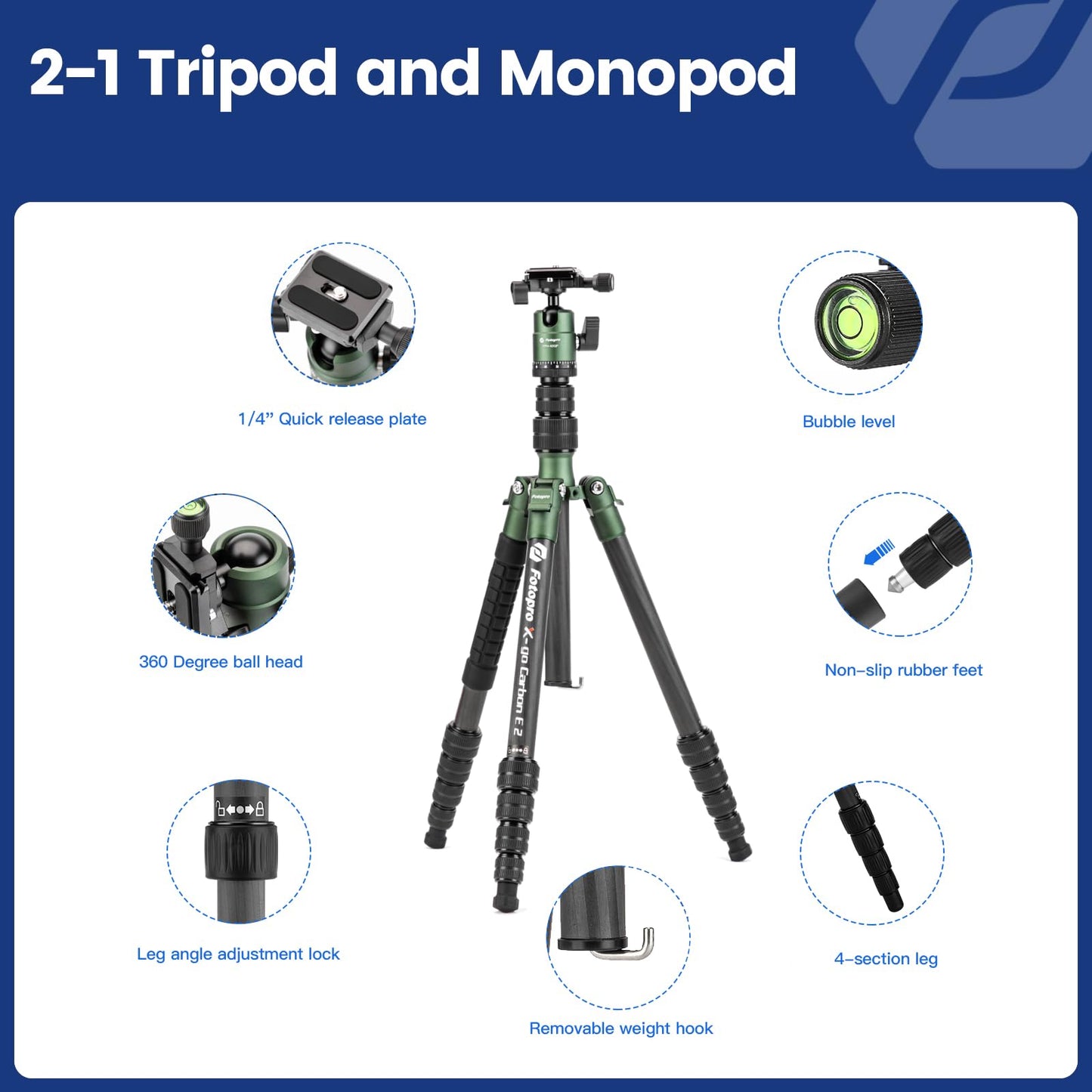 Fotopro - Trípode de viaje de fibra de carbono de 59 pulgadas, trípode de cámara compacto con cabeza de bola de metal, monopie desmontable con placa de liberación rápida y bolsa, carga hasta 8 kg