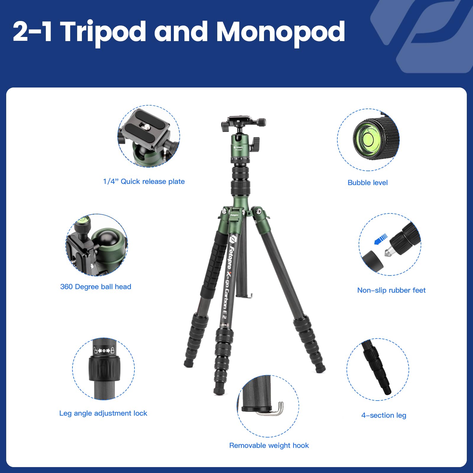 Fotopro - Trípode de viaje de fibra de carbono de 59 pulgadas, trípode de cámara compacto con cabeza de bola de metal, monopie desmontable con placa de liberación rápida y bolsa, carga hasta 8 kg