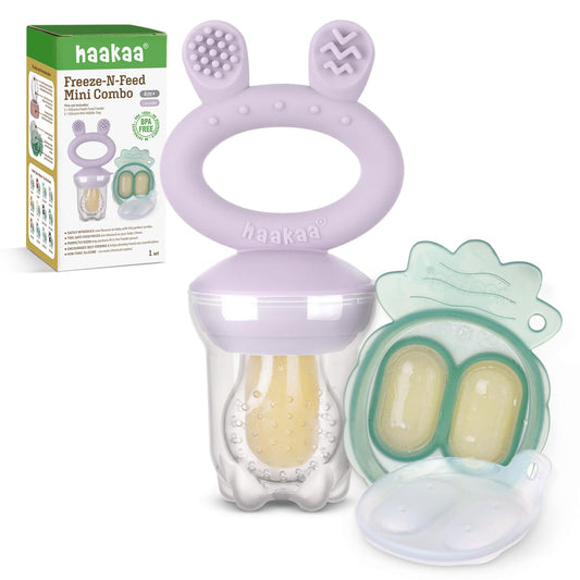 Haakaa Alimentador de Comida de Frutas para Bebé y Combo de Mini Bandeja Congeladora para Mordisquear, Moldes para Paletas de Leche Materna para Alivio Refrescante del Bebé, Alimentador de Silicona