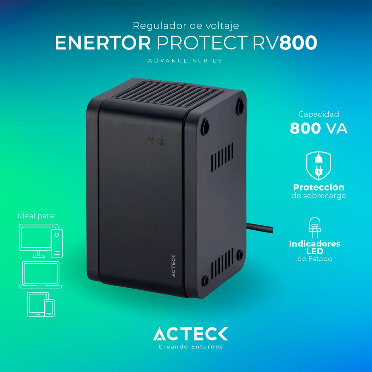 Regulador de Voltaje Acteck LED 800VA 8 Contactos
