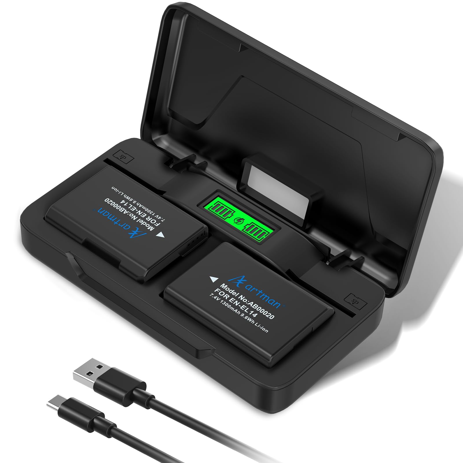 Artman EN-EL14 EN-EL14a Batería 1400mAh 2-Pack con USB-C 20W Fast Dual Channel Charge Case para Nikon D3100 D3200 D3300 D3400 D3500 D5100 D5200 D5300 D5500 D5600 DF Coolpix P7000 P7700 P7800 Cámaras