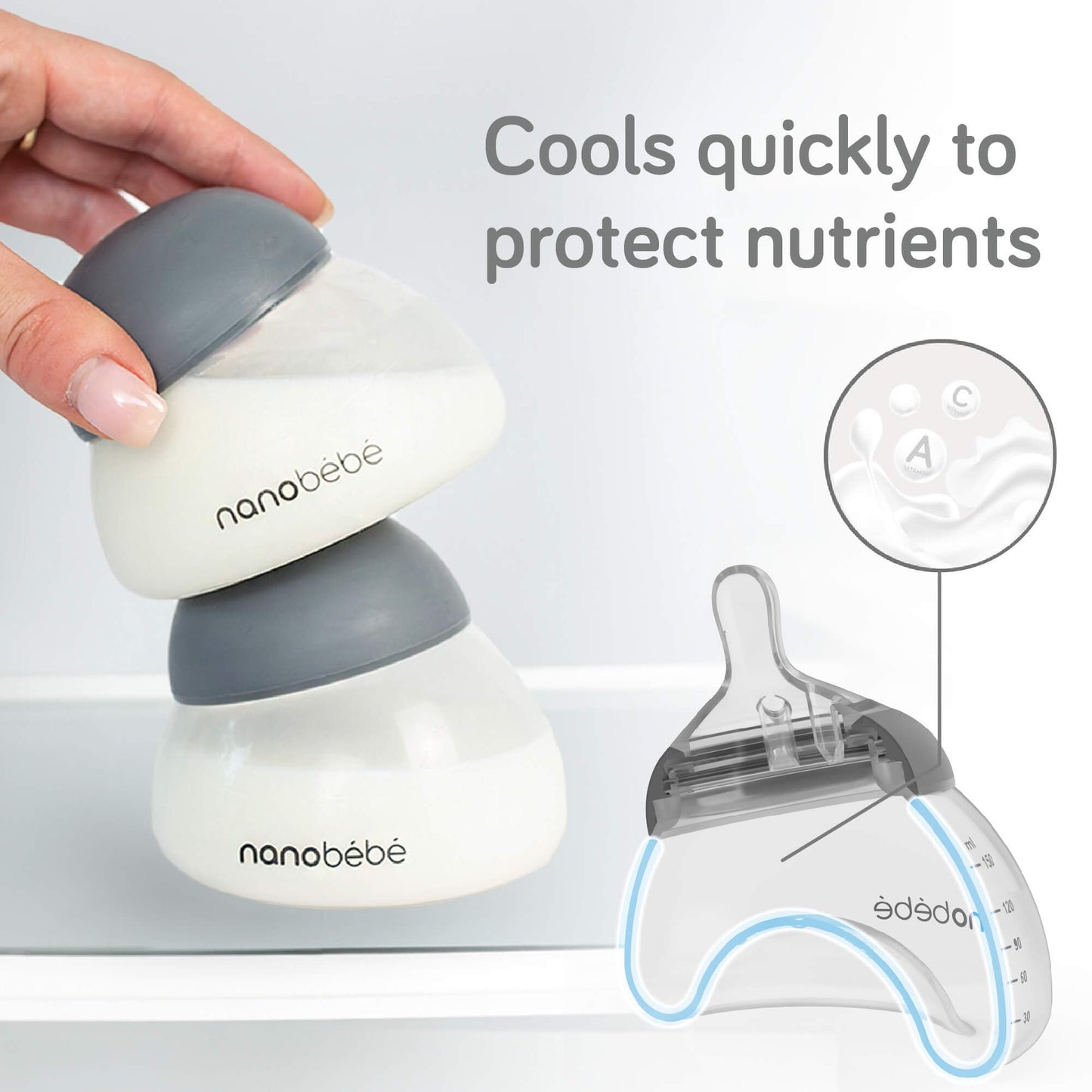 NANOBÉBÉ Kit de inicio anticólicos para biberón de leche materna Nanobebe con chupetes de silicona, adaptador para extractor de leche y tetinas de flujo lento - 147 g - Verde azulado/gris