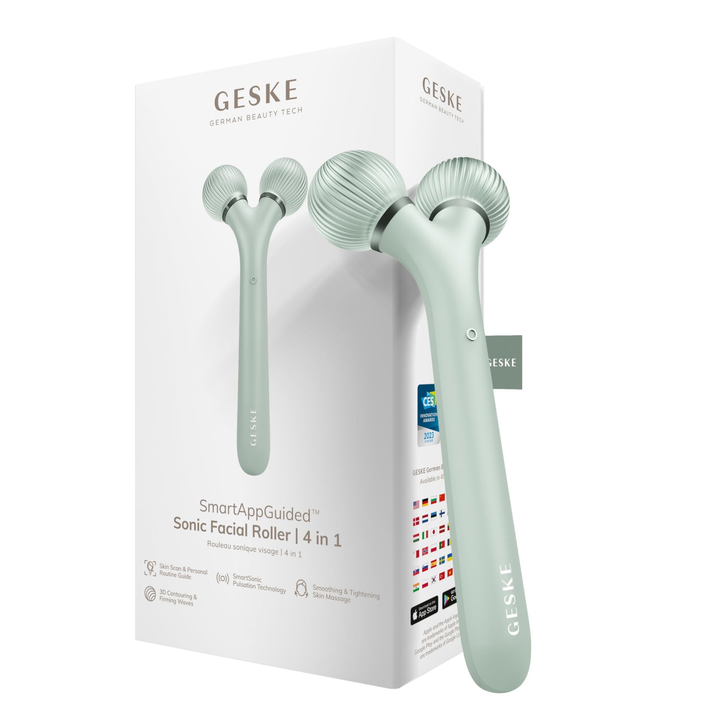 GESKE | Rodillo facial sónico SmartAppGuided™ | 4 en 1 | rodillo derma | dispositivo para la cara | rodillo derma | Rodillo facial profesional | Reafirma y define la piel del rostro