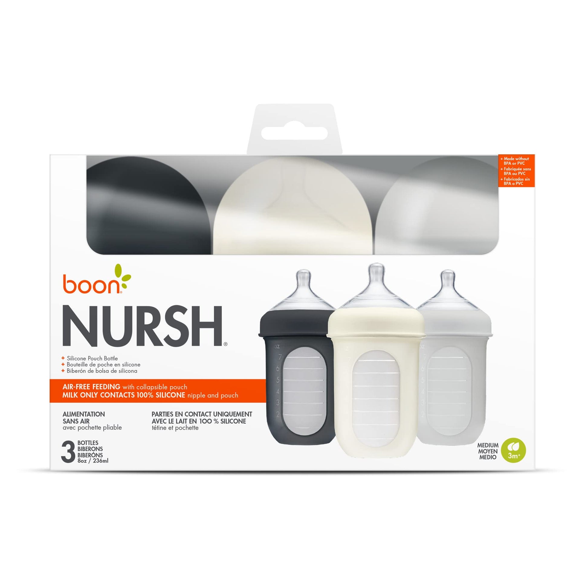 Boon Nursh - Bolsa de silicona reutilizable para biberones – Pezón de flujo medio – Bolsa de silicona para biberones y pezones – Esenciales para la alimentación del bebé – Gris – 3-6 meses – 3