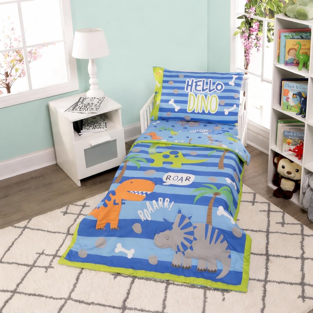 EVERYDAY KIDS - Juego de ropa de cama de 4 piezas para niños pequeños – Dinosaurios rugientes – Incluye edredón, sábana encimera, sábana bajera ajustable y funda de almohada reversible – Ropa de cama