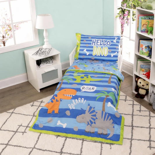 EVERYDAY KIDS - Juego de ropa de cama de 4 piezas para niños pequeños – Dinosaurios rugientes – Incluye edredón, sábana encimera, sábana bajera ajustable y funda de almohada reversible – Ropa de cama