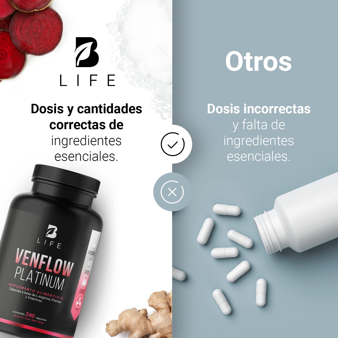 L-Arginina, Resveratrol, Ajo negro, Jengibre y Vitaminas. 240 cápsulas. Ingredientes naturales. Venflow Platinum B Life.