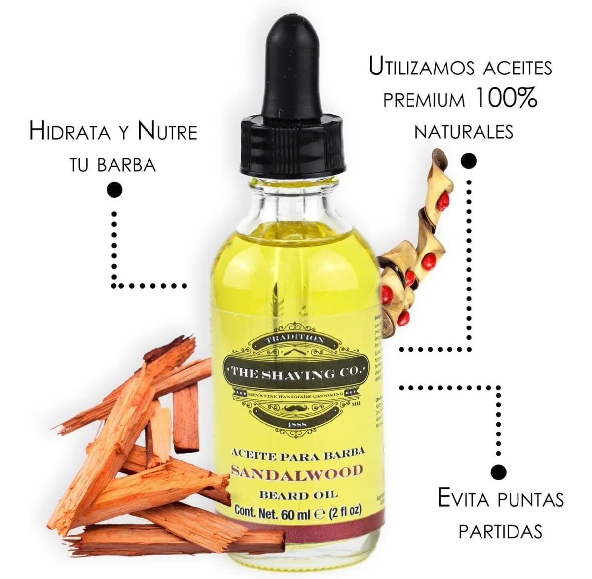 THE SHAVING CO. Aceite para Barba Sandalo (Sandalwood) 60ml/2oz. Nutre, Humecta e Hidrata tu Barba desde la raíz. Hecho especialmente a mano con ingredientes Premium 100% naturales, No contiene alcohol. Libre de Sulfatos y Libre de Parabenos. SANDALWOOD B