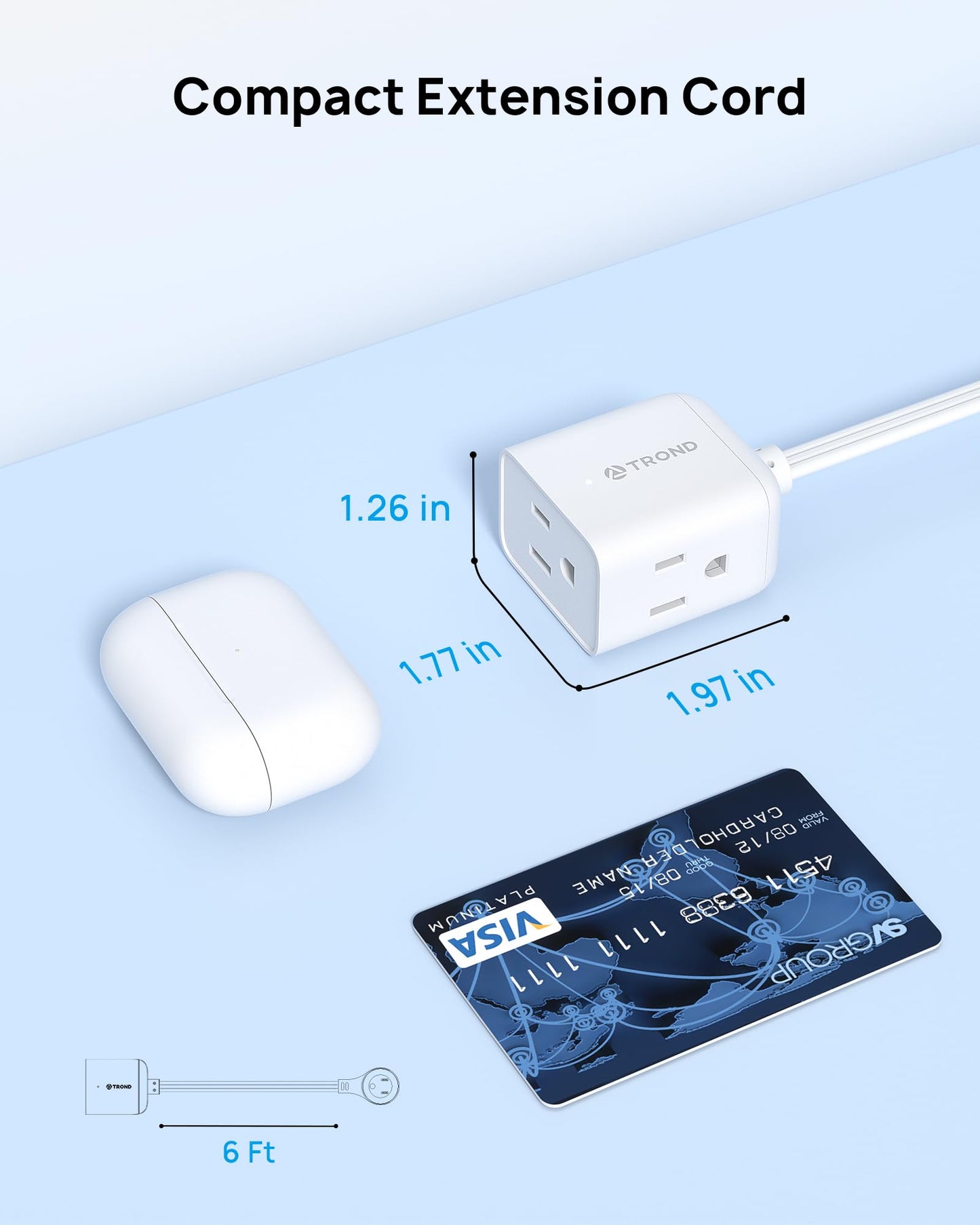 TROND Cable de Extensión 6 Pies - Enchufe Giratorio 360°, Tomas de 3 Puntas con Tierra, 13A, Cable SPT 16/3 AWG, Ideal para Hogar, Oficina, Cruceros y Viajes, Blanco.