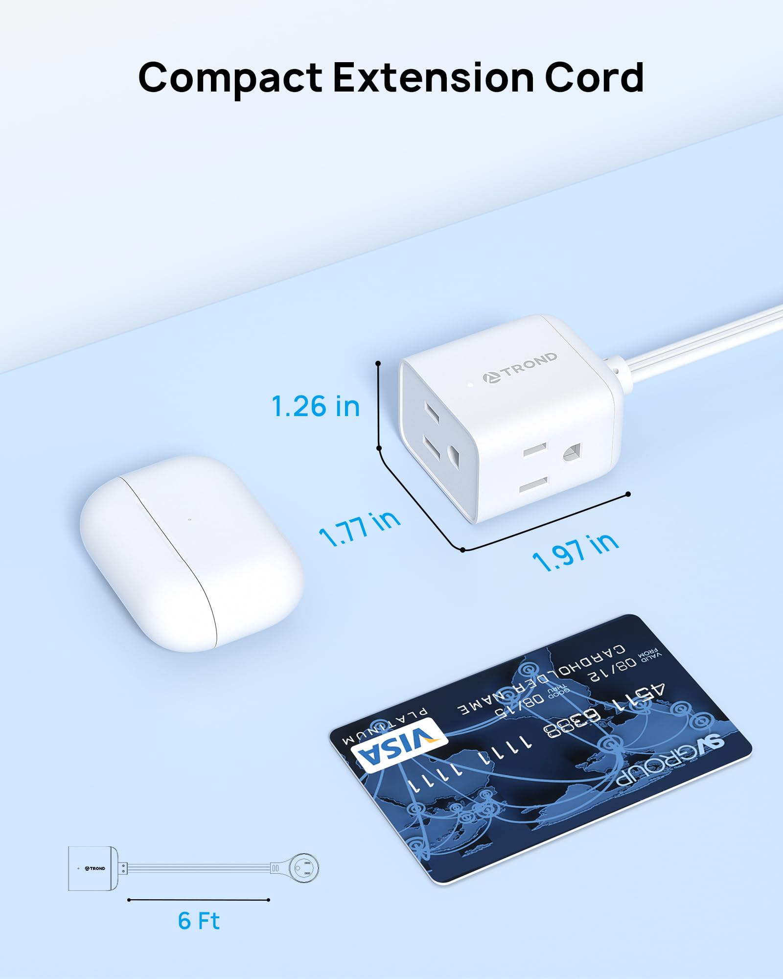 TROND Cable de Extensión 6 Pies - Enchufe Giratorio 360°, Tomas de 3 Puntas con Tierra, 13A, Cable SPT 16/3 AWG, Ideal para Hogar, Oficina, Cruceros y Viajes, Blanco.