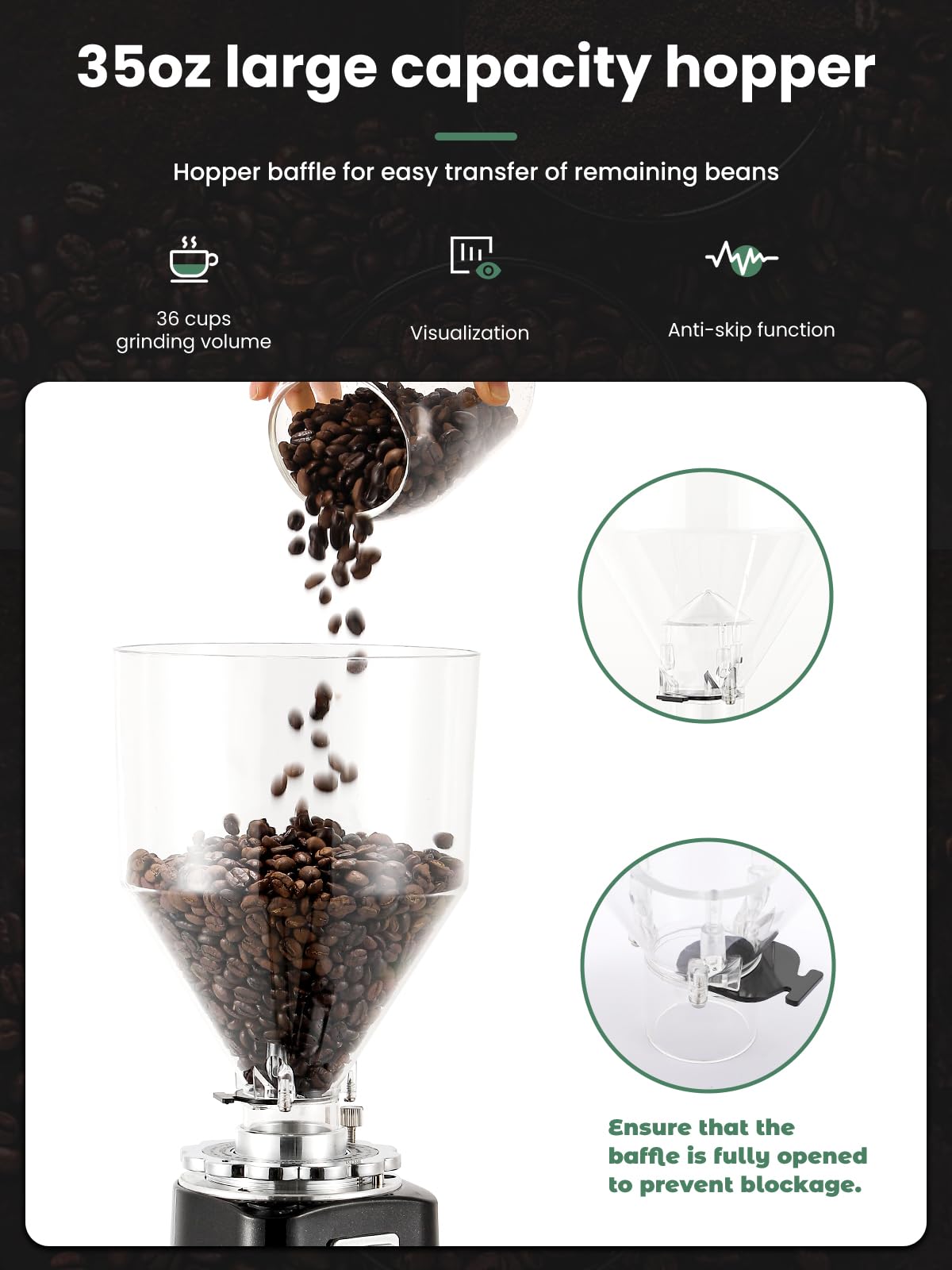 Huanyu molinillo de café eléctrico ajustable molino de fresa plana con 19 ajustes de molienda precisa 35OZ 36Cups de café de grano de la máquina de molienda de actualización automática de punto de acción para Espresso Francés Prensa turco