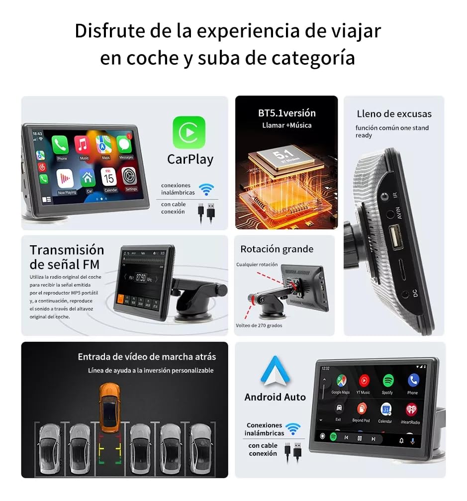 FINYQBET Pantalla Inalámbrica Estéreo para Coche, 7 Pulgadas, Apple Carplay & Android Auto/Mirror Link, IPS HD Pantalla Completa Táctil, Control de Voz, FM, AUX, TF + Cámara Trasera