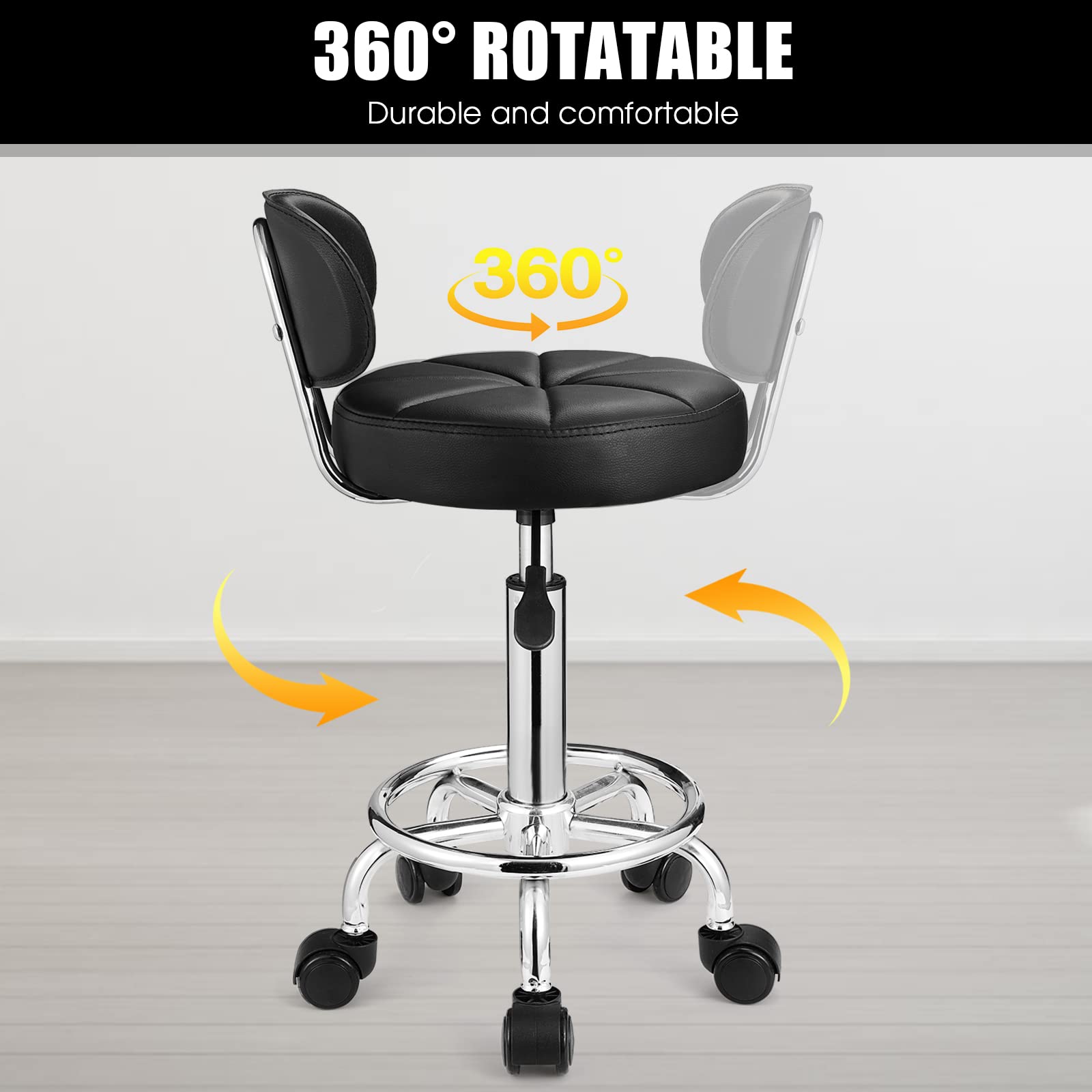 HMTOT Taburetes giratorios con ruedas, altura ajustable, respaldo de banco de spa, color negro
