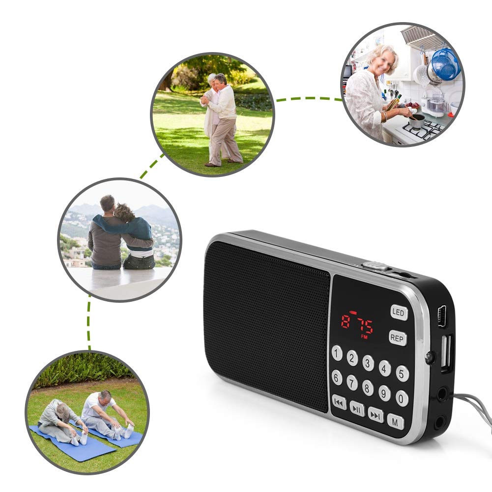 Ciglow Radio FM, Mini Portátil de Audio Digital Reproductor de Música Altavoz con Linterna LED Soporte TF Tarjeta USB AUX