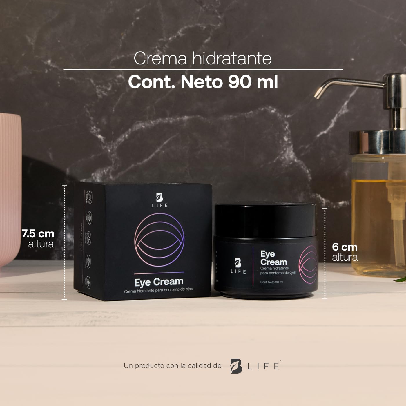 Crema para Ojos de 90 ml. Hidratante con Cafeína, Ácido Hiaulorónico y Extracto de Aloe Vera, Skincare de Ojos Antiarrugas. Eye Cream B Life.