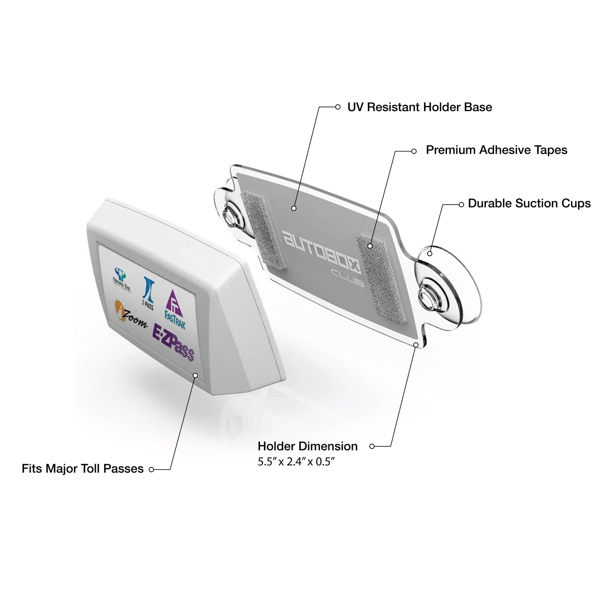 AutoBoxClub - Soporte para EZ Pass, IPass y transpondedor y pases de peaje para parabrisas con tiras de montaje reutilizables incluidas (protección UV, se instala en segundos), transparente