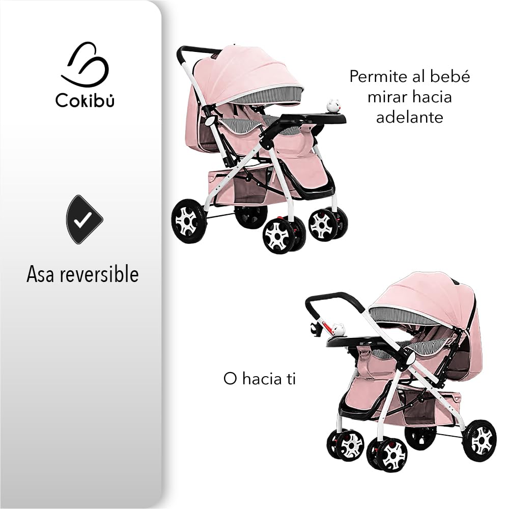 Carriola De Bebé Plegable Rosa Canasta De Almacenamiento Mango Reversible Respaldo ajustable Arnes De Seguridad De 5 Puntos Bandeja De Comida Y Musica Marca Cokibu
