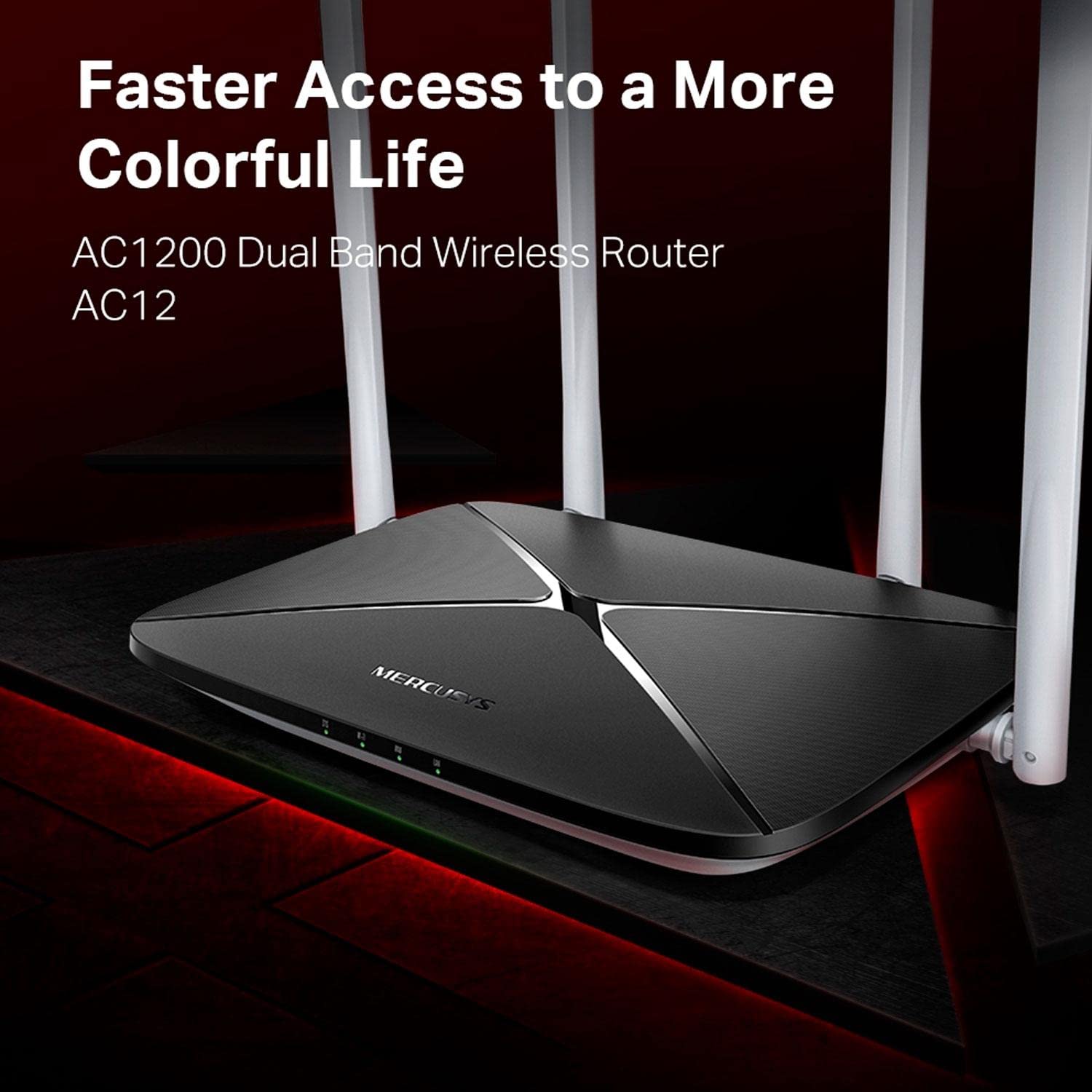 Mercusys AC12, Router Inalámbrico de CA de 1200Mbps, Banda Dual, 2.4GHz / 5GHz, 1 * Fast WAN + 3 * 10 / 100M LAN, 4 * Antenas Fijas, 2 Años de Garantía, Color Negro