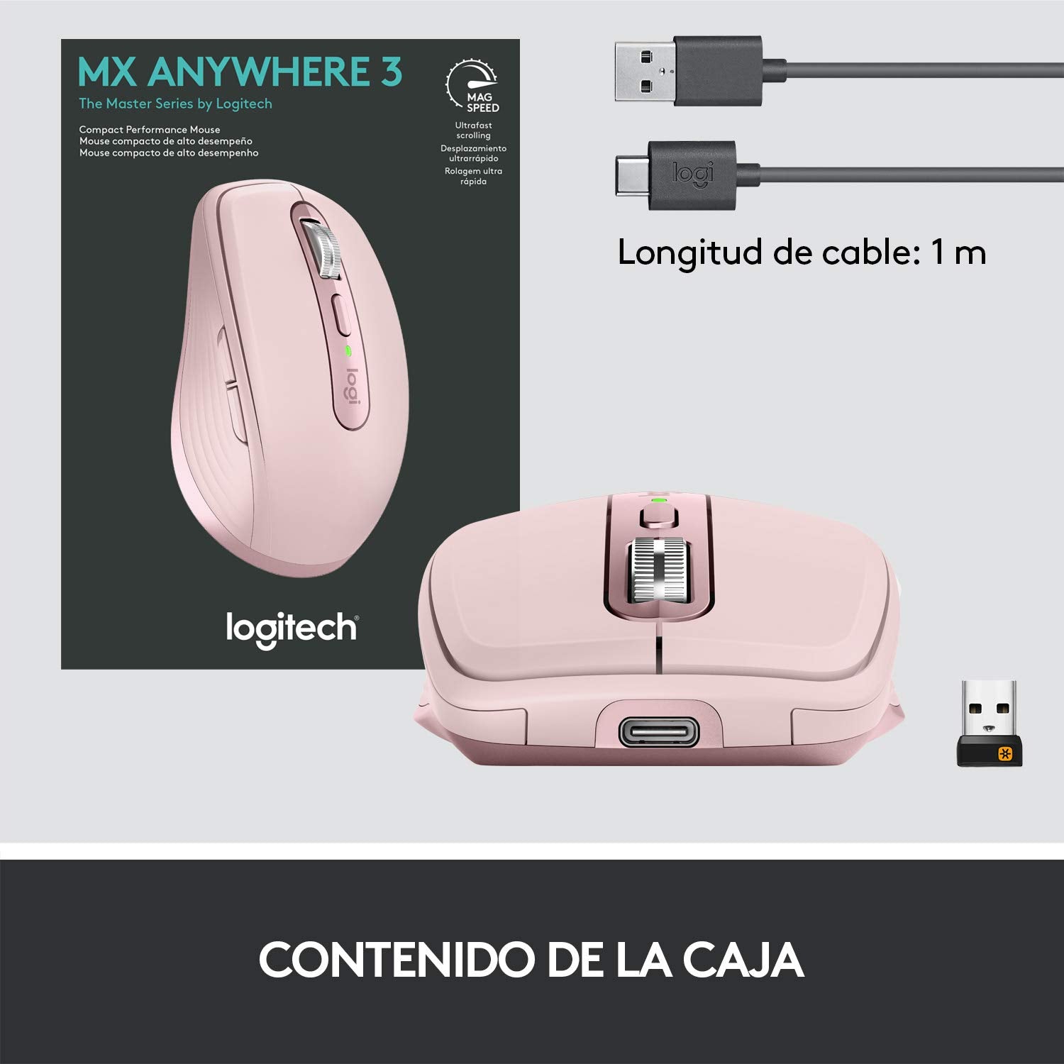 Logitech MX Anywhere 3 Mouse Compacto de Alto Desempeño, Inalámbrico, Scroll Rápido, 4000DPI, Botones Personalizables, USB-C, Bluetooth, Mac/iPad/Windows/PC/Linux/Chrome - Rosa