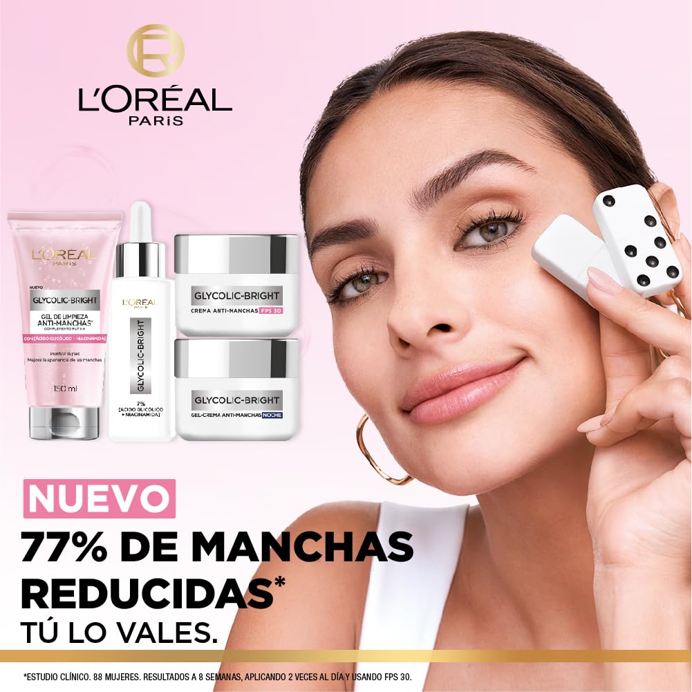 L'Oréal Paris Kit Rutina Completa Glycolic Bright; Gel limpiador, Crema día, Crema Noche y Serum, Anti-Manchas con Ácido Glicólico y Niacinamida